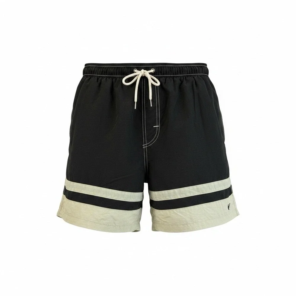 Hang Ten Swim Trunks Mens Medium Black Tan Colorblock Mesh Lined Elastic Waist